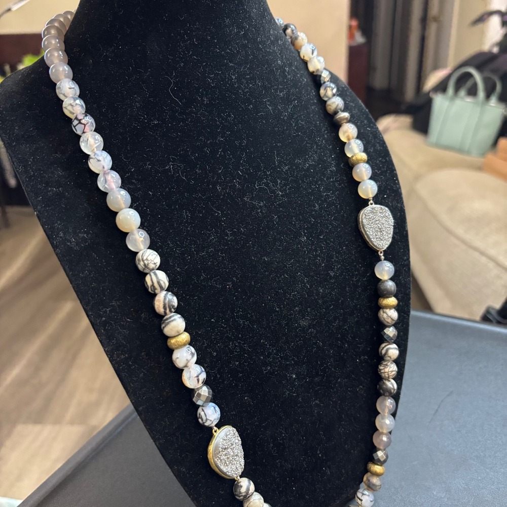 Silpada "Ode to Gold" 925 Natural Agate Hematite Druzy Beaded Necklace 32" - Picture 2 of 10